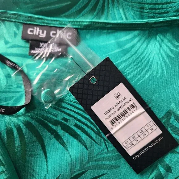 City Chic Polyester Amalia Dress XXL 24 Greenstone Palm Print V-Neck Long Sleeve - Picture 5 of 16